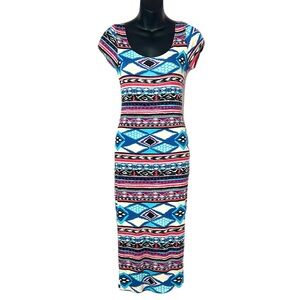 About A Girl Blue and Pink Geometric bodycon Midi Dress